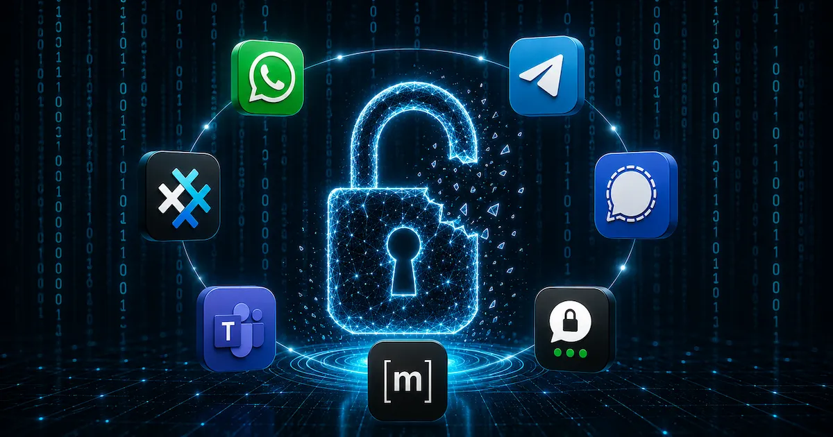 Logos von den Messenger-Diensten WhatsApp, Teams, Signal, Matrix, Threema, Telegram und SimpleX, sowie ein offenes Schloss